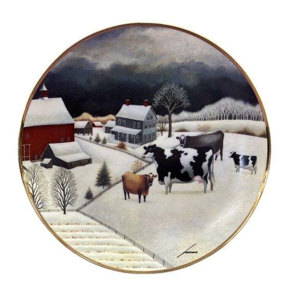 Franklin Mint American Folk Art Collection Cows in Winter  plate 1992 Herrero - Picture 1 of 3